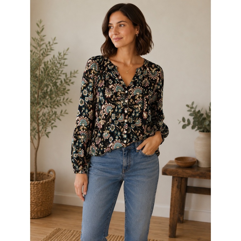 A.N.A. Black Teal Floral Boho Peasant Blouse Top L Cotton - Picture 1 of 10